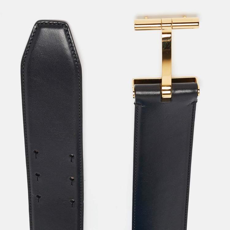 Pre Owned Tom Ford Black Leather T Buckle Wide Belt 75CM