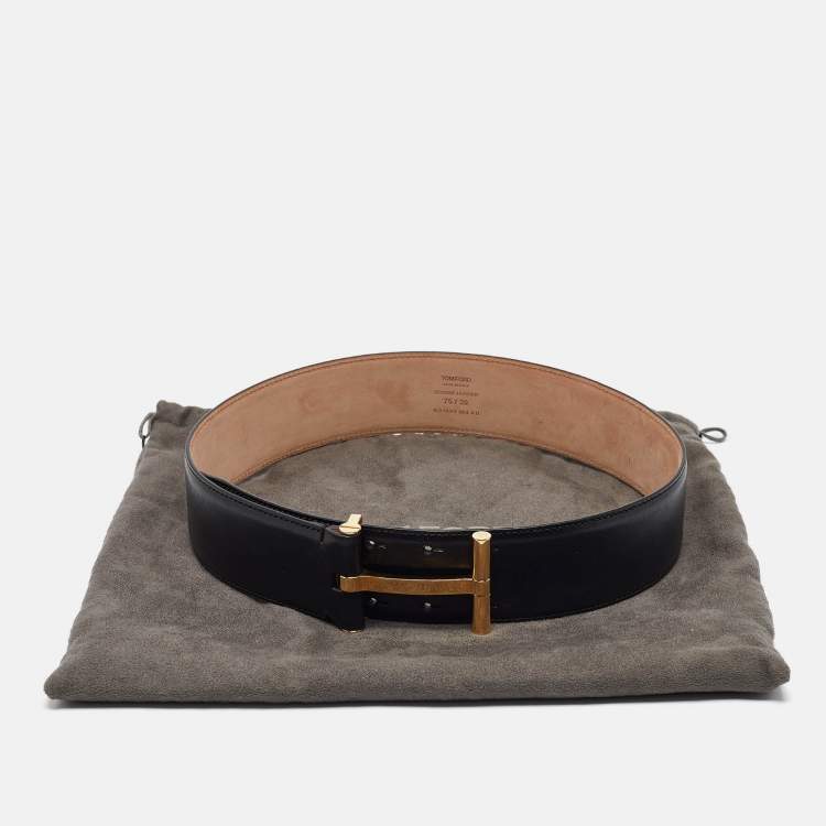 Pre Owned Tom Ford Black Leather T Buckle Wide Belt 75CM
