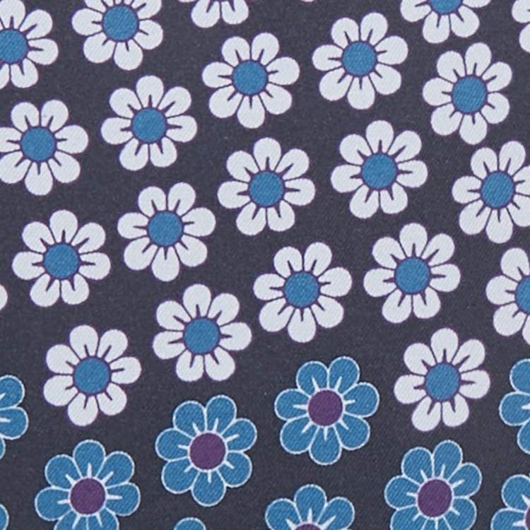 Pre Owned Tom Ford Blue Floral Print Silk Fringed Scarf 