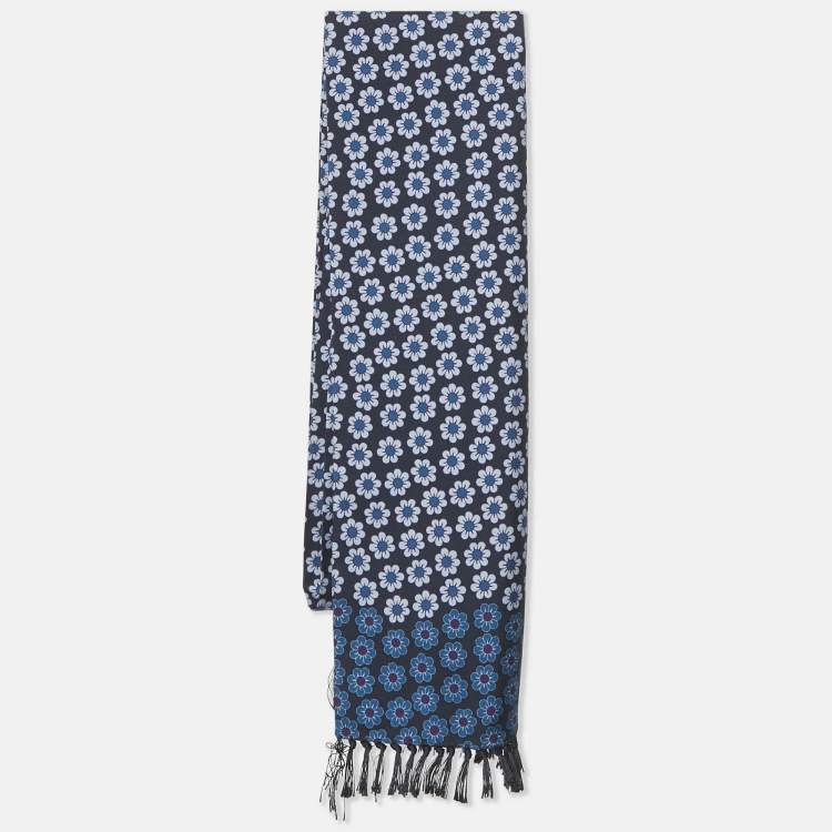 Pre Owned Tom Ford Blue Floral Print Silk Fringed Scarf 