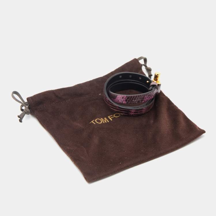 Pre Owned Tom Ford Purple Lizard Embossed Leather Gold Tone T Buckle Wrap Bracelet
