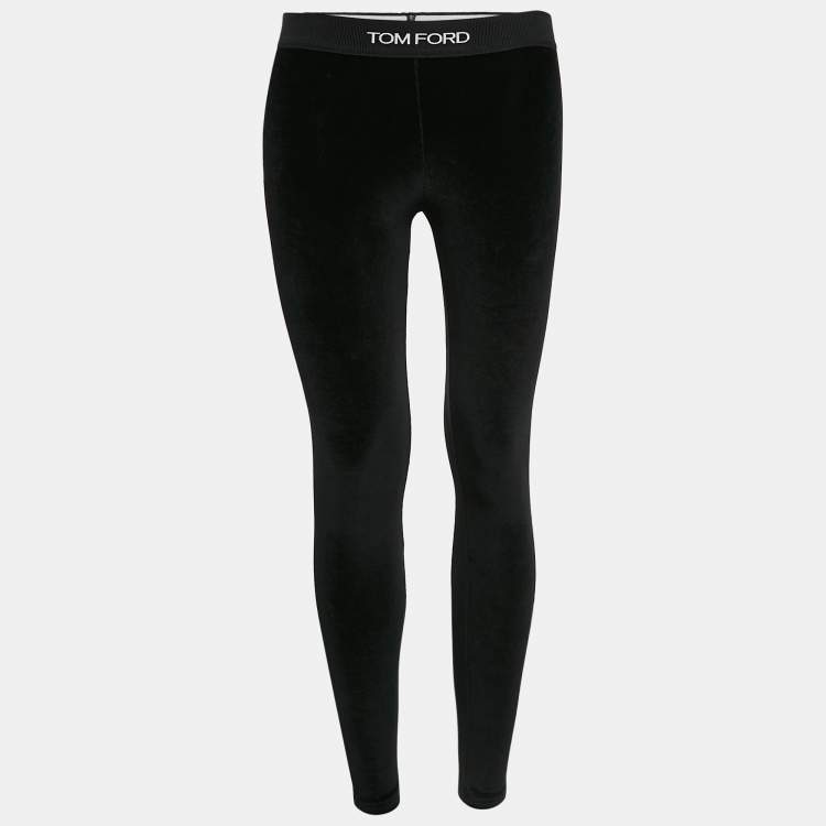 Pre Owned Tom Ford Black Velvet Jersey Logo Detail Leggings XS