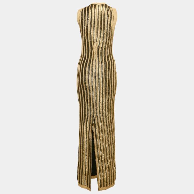 Pre Owned Tom Ford Black/Gold Lurex Slinky Rib Knit Crewneck Maxi Dress XS