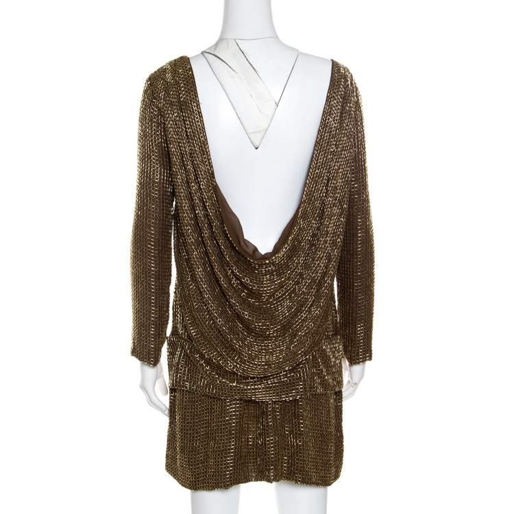 Pre Owned Tom Ford Brown Embellished Silk Draped Open Back Long Sleeve Dress S