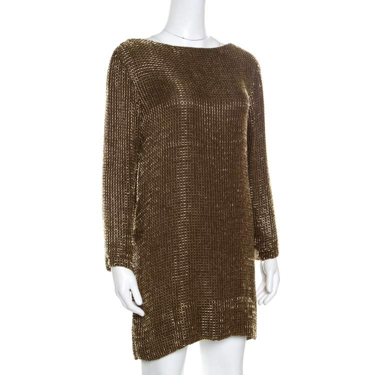 Pre Owned Tom Ford Brown Embellished Silk Draped Open Back Long Sleeve Dress S