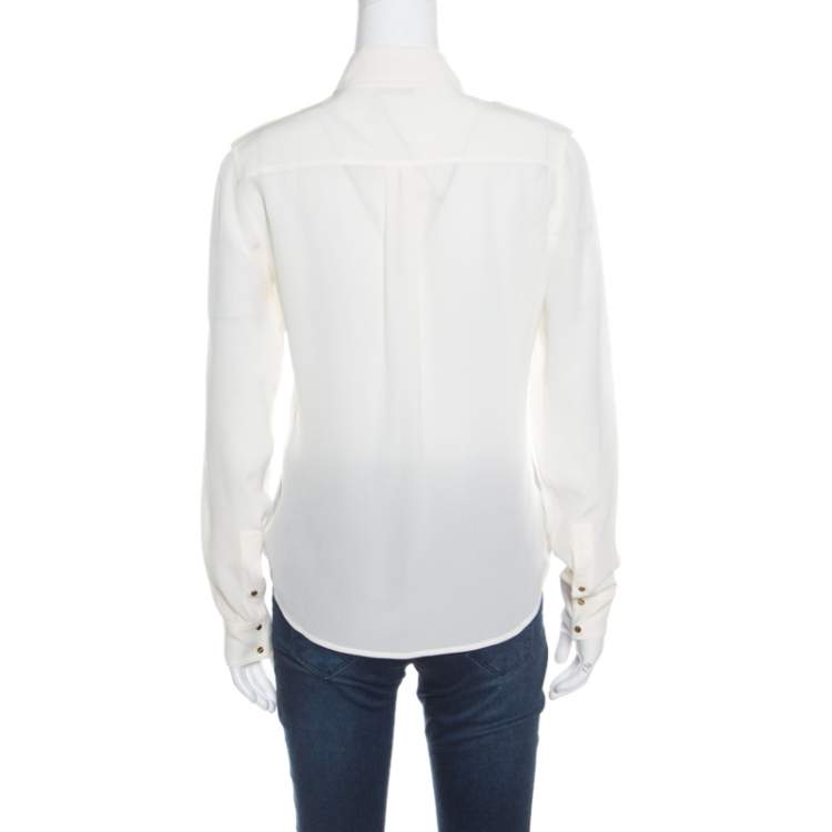 Pre Owned Tom Ford Cream Embellished Silk Epaulette Detail Long Sleeve Blouse S