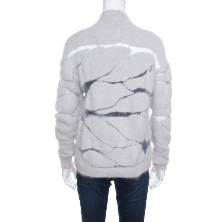 Pre Owned Tom Ford Grey Patterned Mesh Insert Angora V Neck Pullover XS