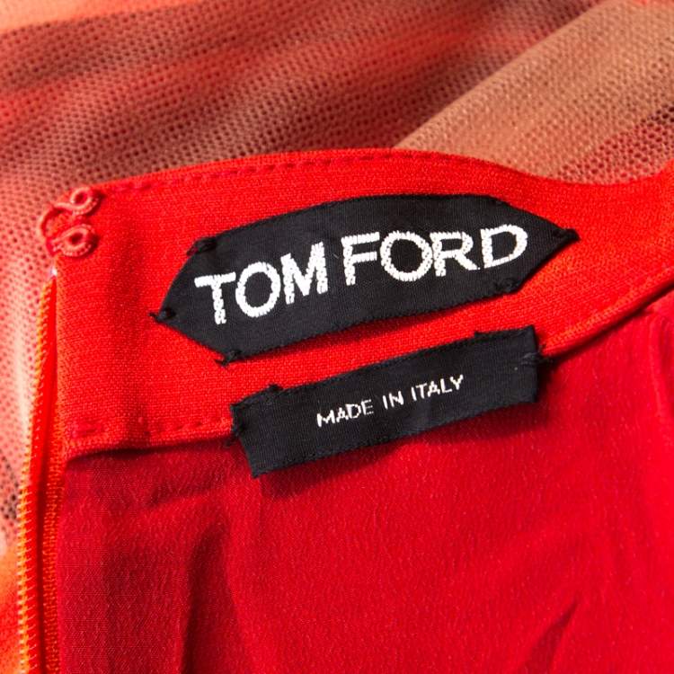 Pre Owned Tom Ford Scarlet Red Stretch Crepe Mesh Paneled Gown L