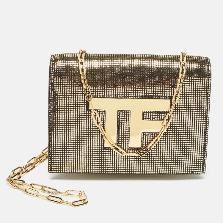 Pre Owned Tom Ford Gold Suede TF Flap Chain Clutch