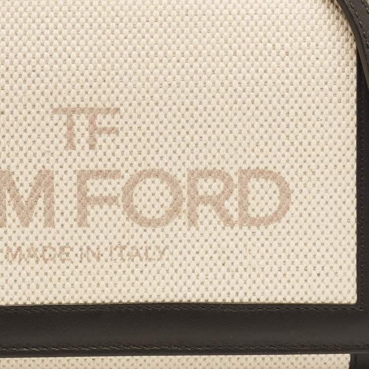 Pre Owned Tom Ford Beige/Black Logo Print Canvas and Leather Flap Wallet on Strap