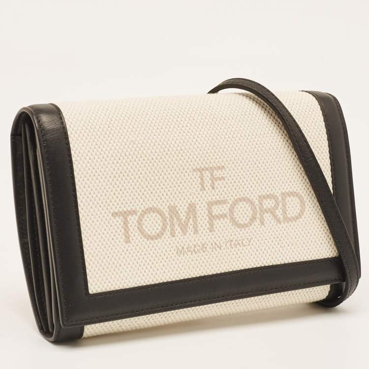 Pre Owned Tom Ford Beige/Black Logo Print Canvas and Leather Flap Wallet on Strap