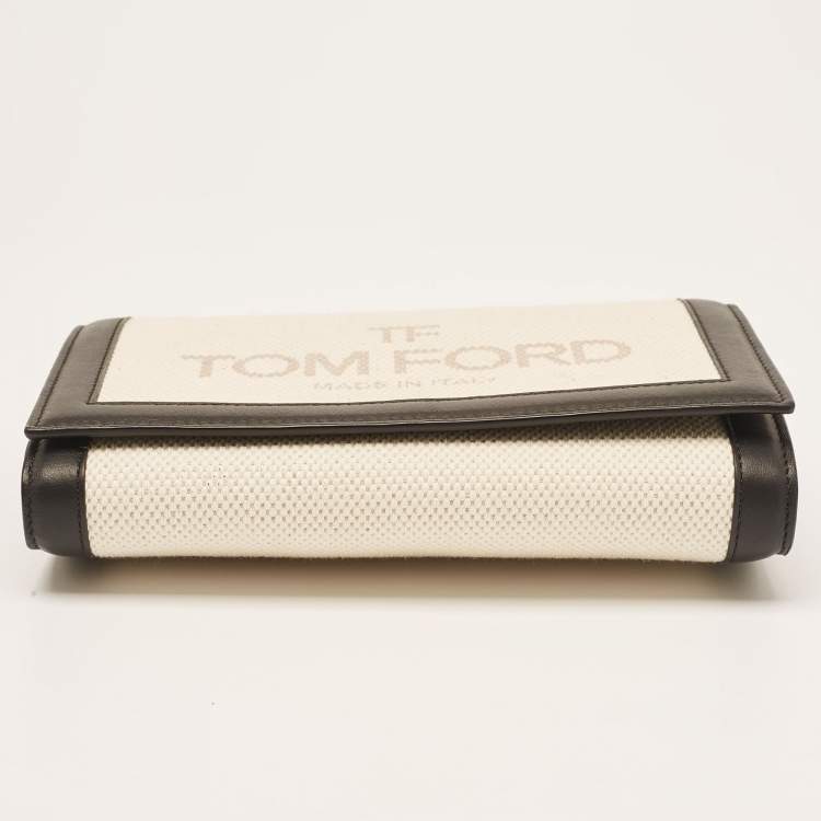 Pre Owned Tom Ford Beige/Black Logo Print Canvas and Leather Flap Wallet on Strap