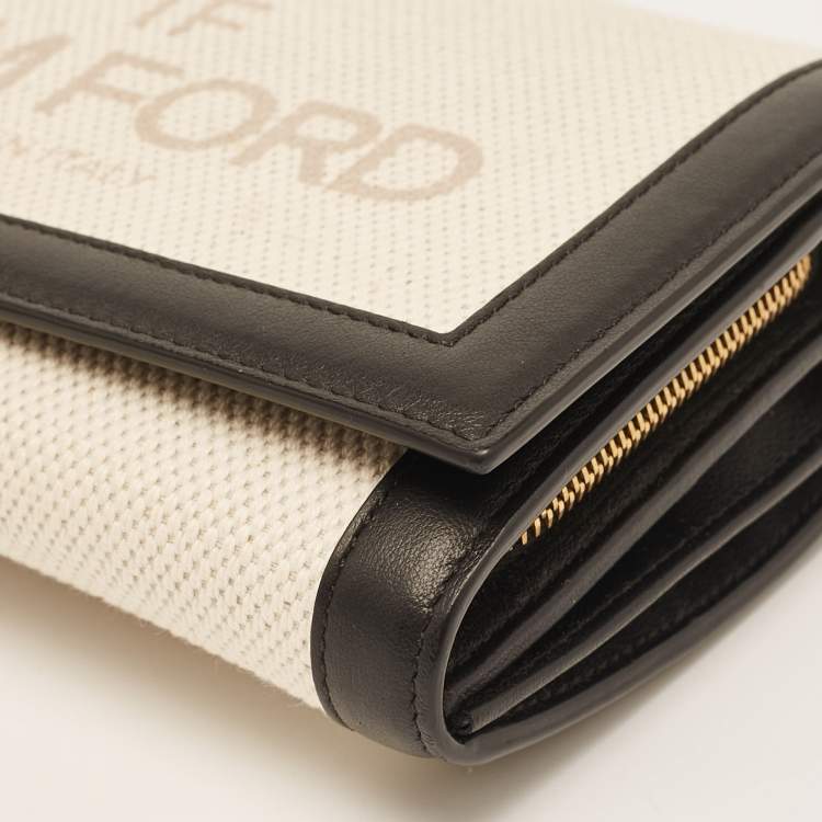 Pre Owned Tom Ford Beige/Black Logo Print Canvas and Leather Flap Wallet on Strap