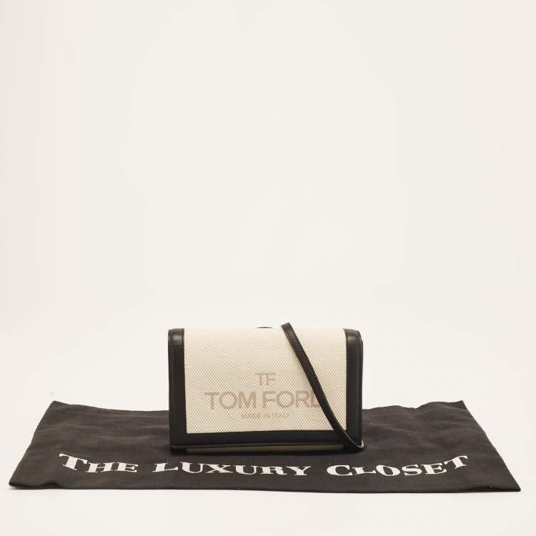Pre Owned Tom Ford Beige/Black Logo Print Canvas and Leather Flap Wallet on Strap
