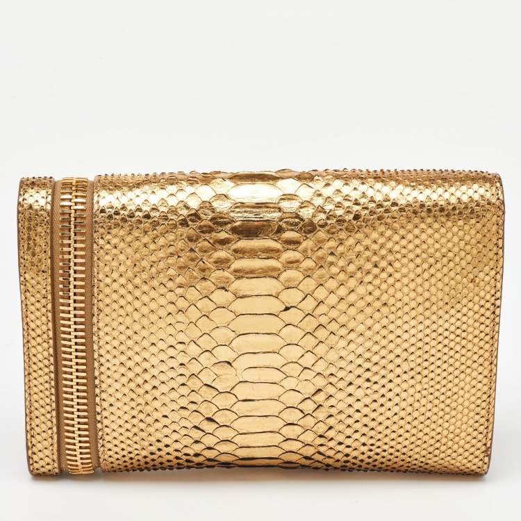 Pre Owned Tom Ford Gold Alix Python Zip & Padlock Clutch