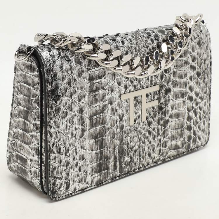 Pre Owned Tom Ford Silver Python TF Logo Flap Shoulder Bag