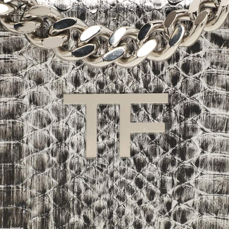 Pre Owned Tom Ford Silver Python TF Logo Flap Shoulder Bag