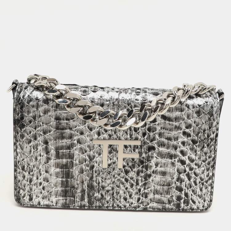 Pre Owned Tom Ford Silver Python TF Logo Flap Shoulder Bag