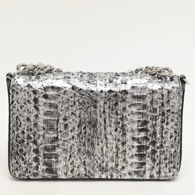 Pre Owned Tom Ford Silver Python TF Logo Flap Shoulder Bag