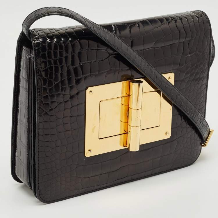 Pre Owned Tom Ford Black Shine Alligator Large Natalia Shoulder Bag