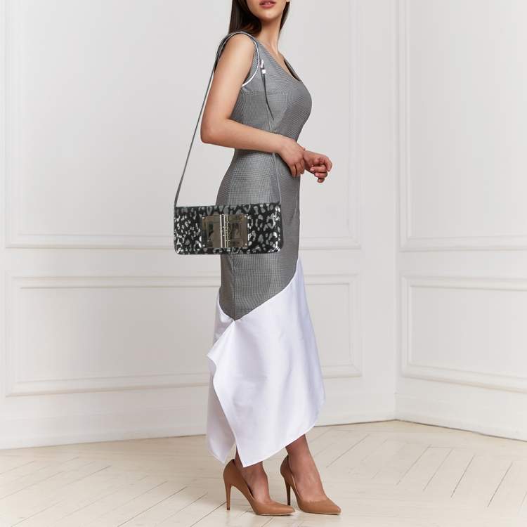 Pre Owned Tom Ford Black/Silver Leopard Print Sequins and Leather Natalia Long Clutch Bag