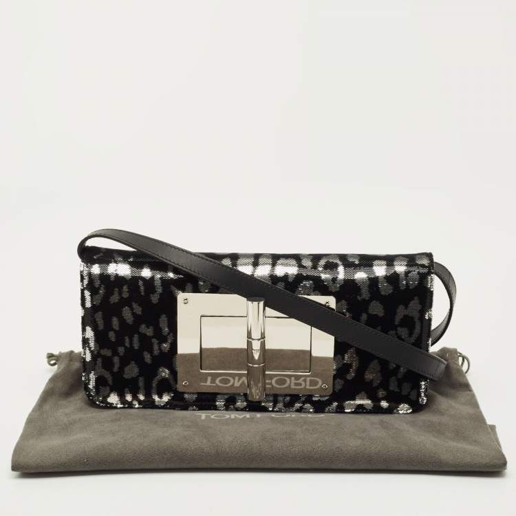 Pre Owned Tom Ford Black/Silver Leopard Print Sequins and Leather Natalia Long Clutch Bag
