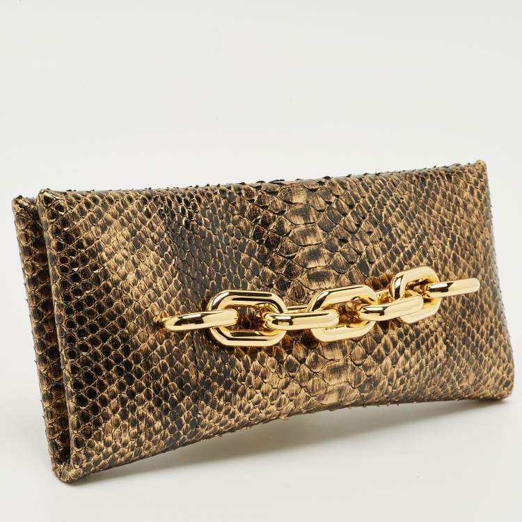Pre Owned Tom Ford Gold/Black Python Chain Detail Clutch