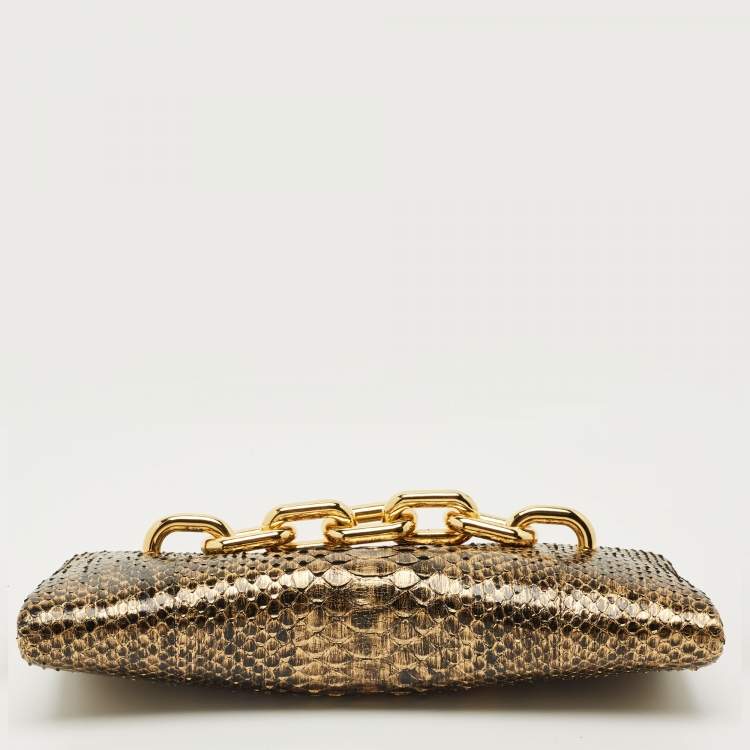 Pre Owned Tom Ford Gold/Black Python Chain Detail Clutch