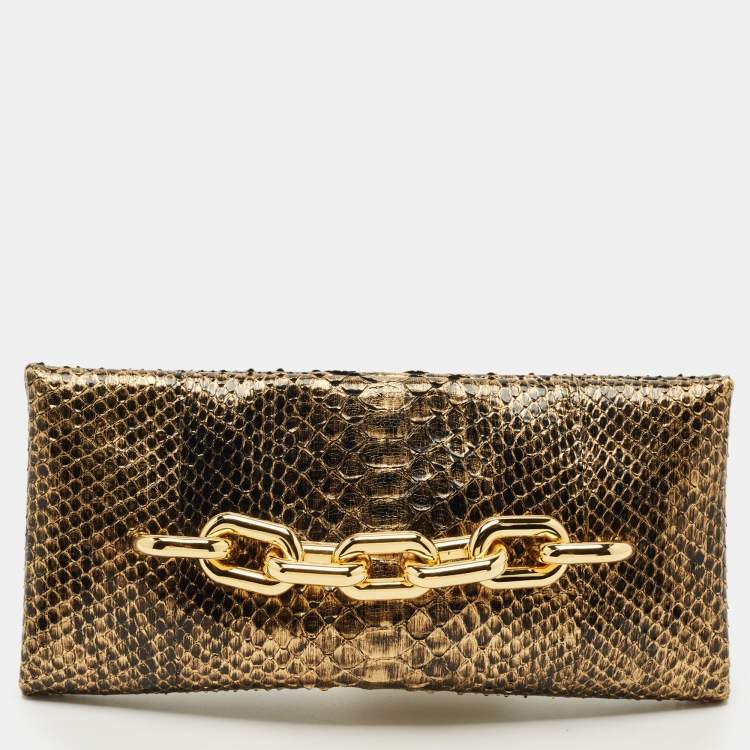 Pre Owned Tom Ford Gold/Black Python Chain Detail Clutch
