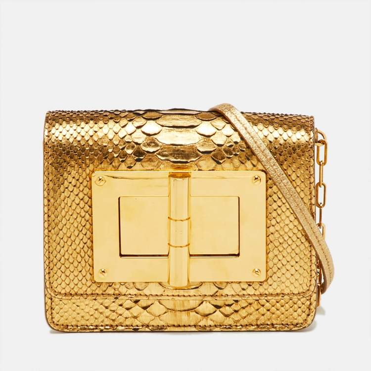 مملوكة مسبقًا Tom Ford Metallic Gold Python Natalia Chain Crossbody Bag
