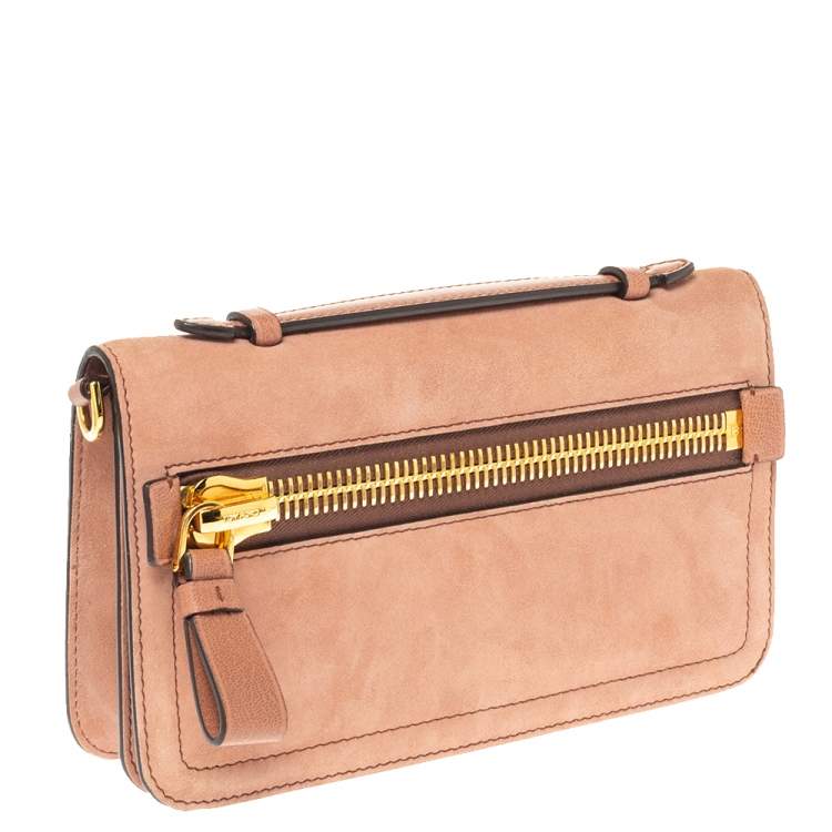 Pre Owned Tom Ford Nude Pink Suede Zip Detail Flap Clutch Bag