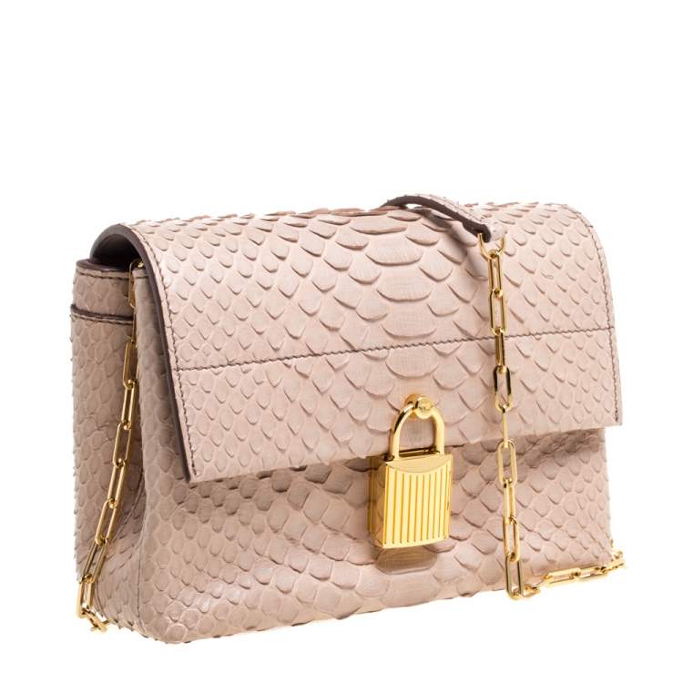 Pre Owned Tom Ford Blush Nude Beige Python Padlock Flap Chain Crossbody Bag