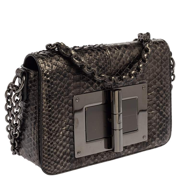 Pre Owned Tom Ford Metallic Silver Python Medium Natalia Chain Shoulder Bag