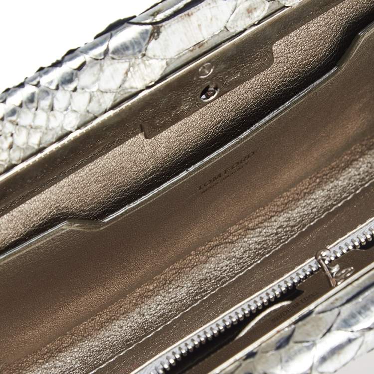 Pre Owned Tom Ford Metallic Silver Python Leather Frame Chain Clutch
