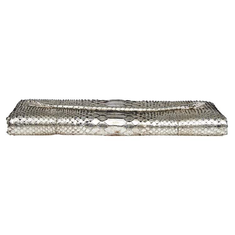 Pre Owned Tom Ford Metallic Silver Python Leather Frame Chain Clutch