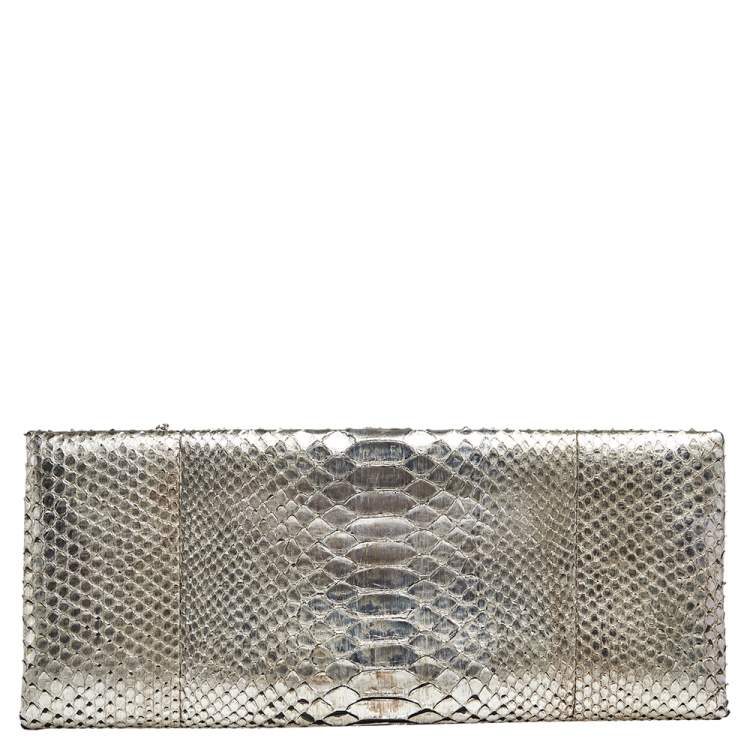 Pre Owned Tom Ford Metallic Silver Python Leather Frame Chain Clutch