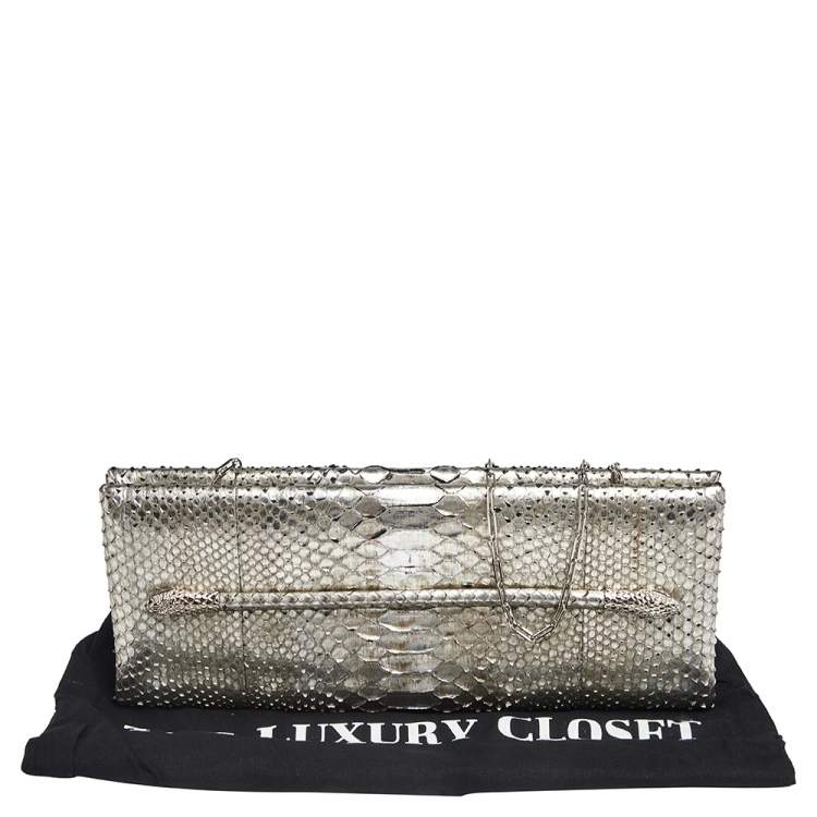 Pre Owned Tom Ford Metallic Silver Python Leather Frame Chain Clutch