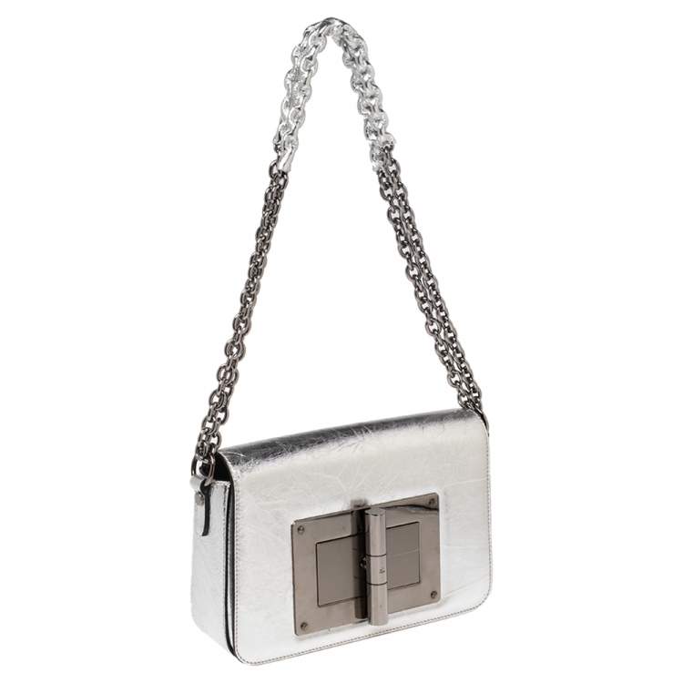 Pre Owned Tom Ford Metallic Silver Crackled Leather Natalia Shoulder Bag