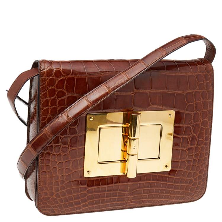 Pre Owned Tom Ford Brown Croc Embossed Leather Large Natalia Shoulder Bag