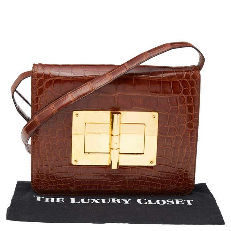 Pre Owned Tom Ford Brown Croc Embossed Leather Large Natalia Shoulder Bag
