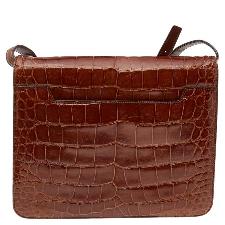 Pre Owned Tom Ford Brown Croc Embossed Leather Large Natalia Shoulder Bag