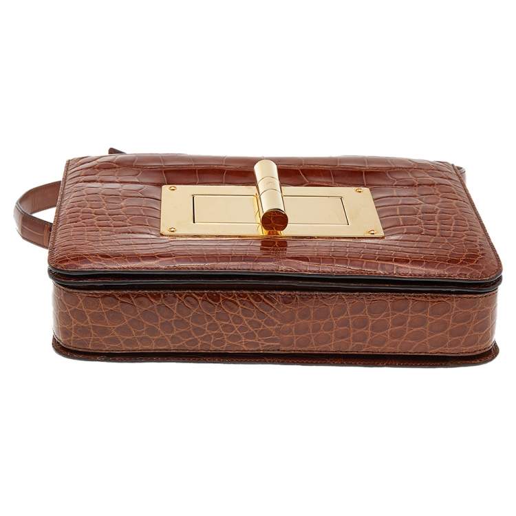 Pre Owned Tom Ford Brown Croc Embossed Leather Large Natalia Shoulder Bag