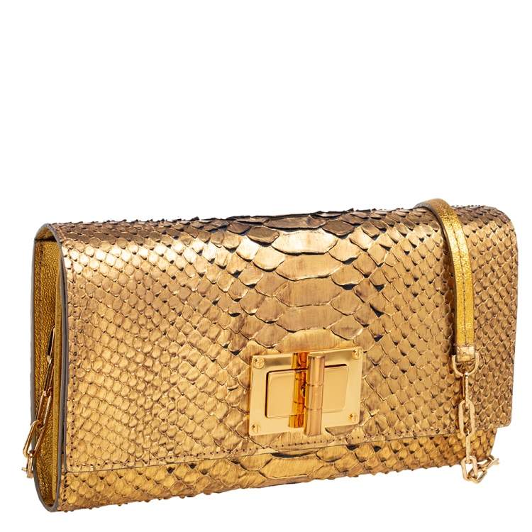 Pre Owned Tom Ford Gold Python Leather Natalia Wallet On Chain