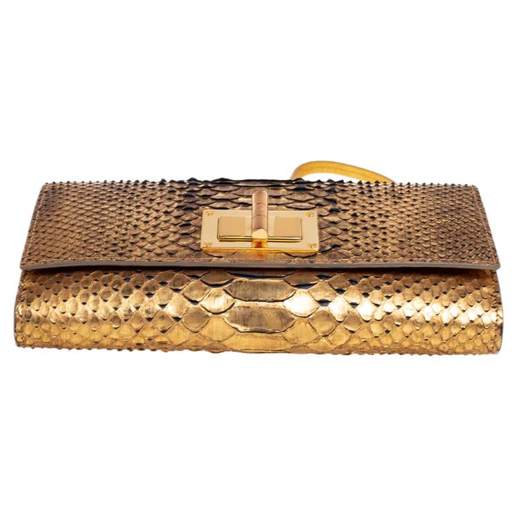 Pre Owned Tom Ford Gold Python Leather Natalia Wallet On Chain