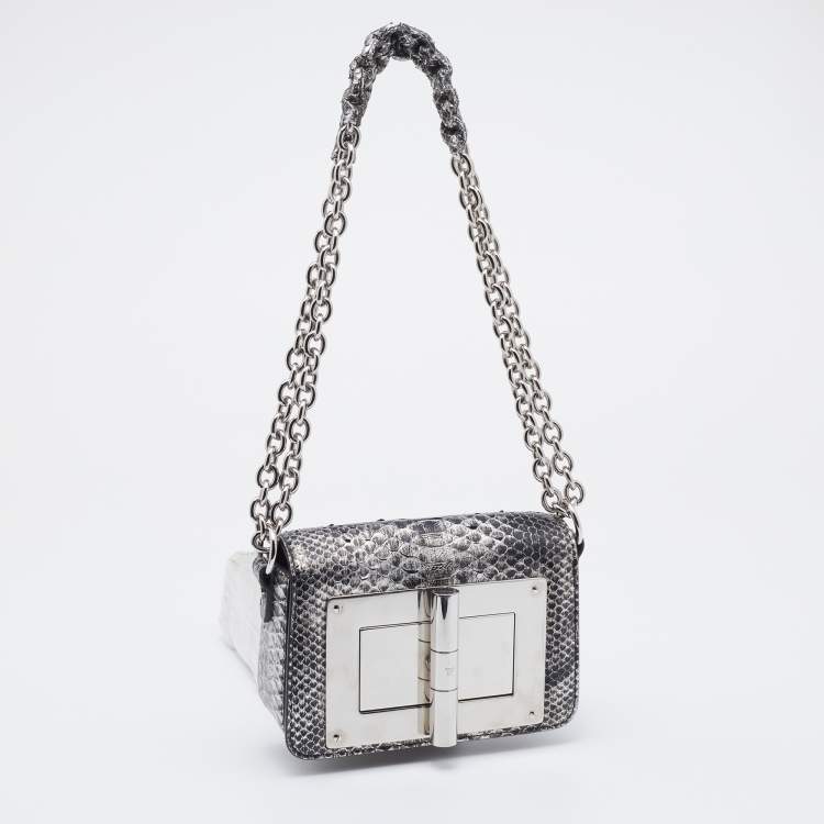 Pre Owned Tom Ford Metallic Silver Python Mini Chain Natalia Shoulder Bag