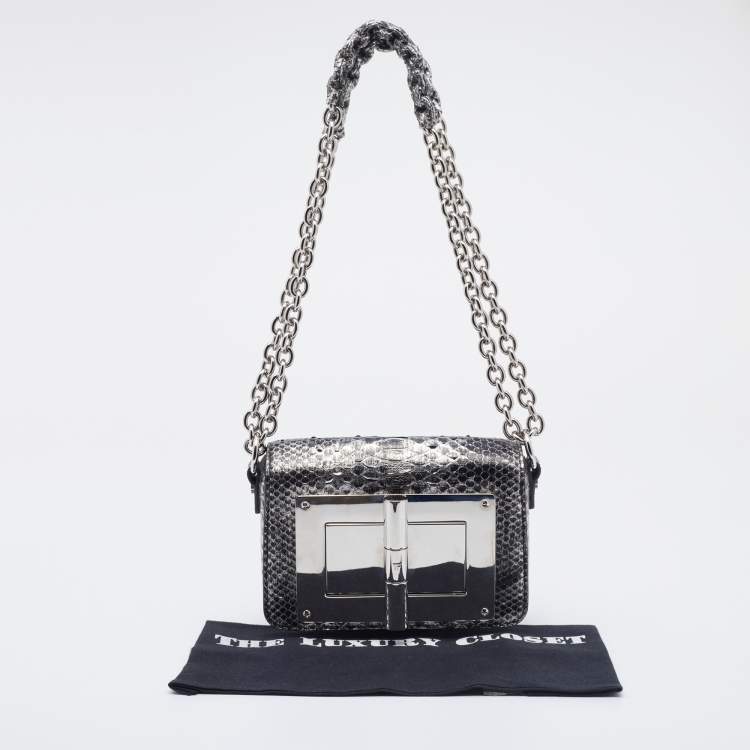 Pre Owned Tom Ford Metallic Silver Python Mini Chain Natalia Shoulder Bag