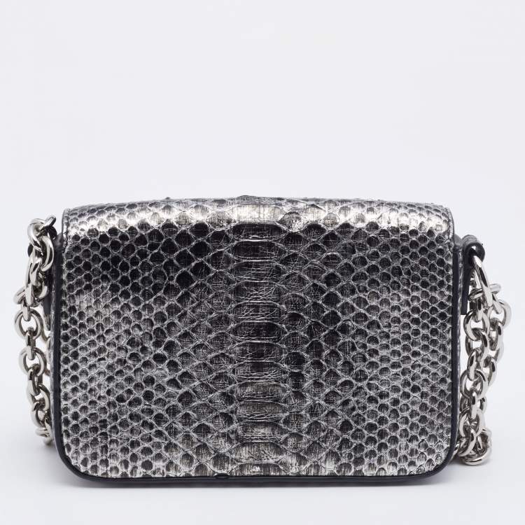 Pre Owned Tom Ford Metallic Silver Python Mini Chain Natalia Shoulder Bag