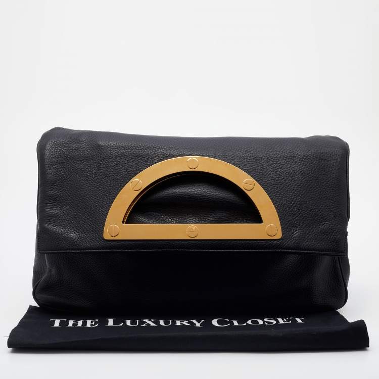 Pre Owned Tom Ford Black Pebbled Leather Fold Over Oversized Clutch