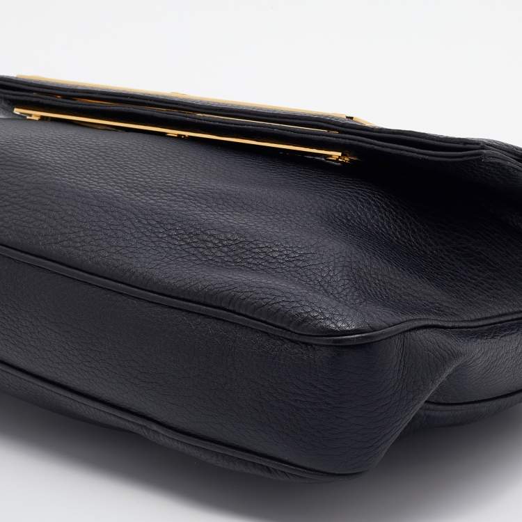 Pre Owned Tom Ford Black Pebbled Leather Fold Over Oversized Clutch