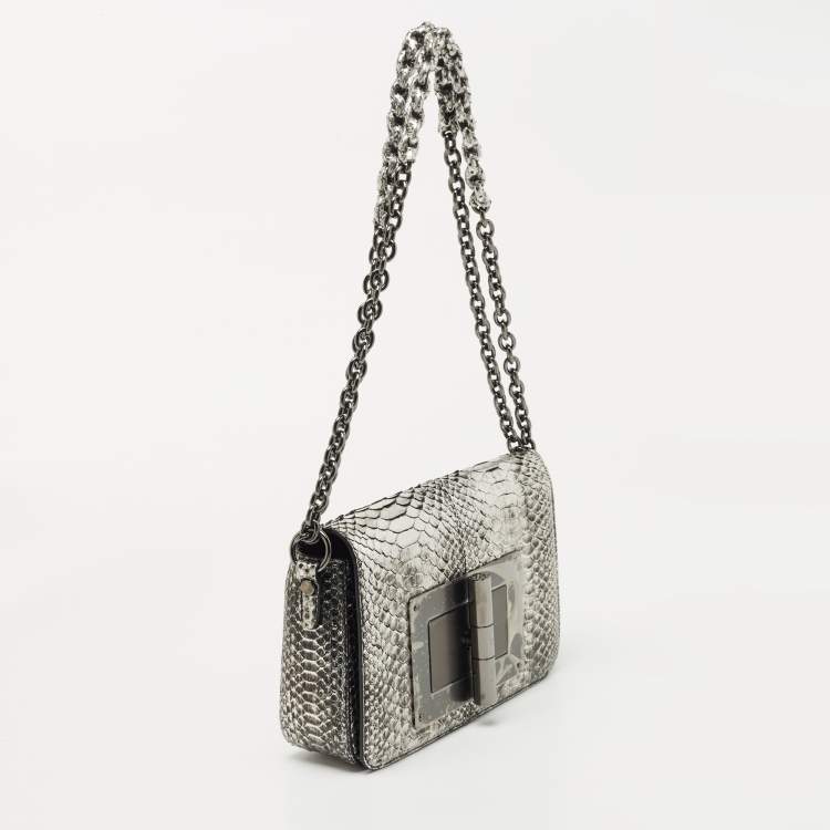 Pre Owned Tom Ford Metallic Silver Python Natalia Chain Shoulder Bag